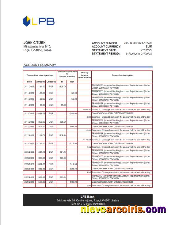 Latvia LPB bank statement Excel and PDF